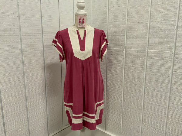 Umgee Linen Contrast Trim Short Sleeve Short Dress