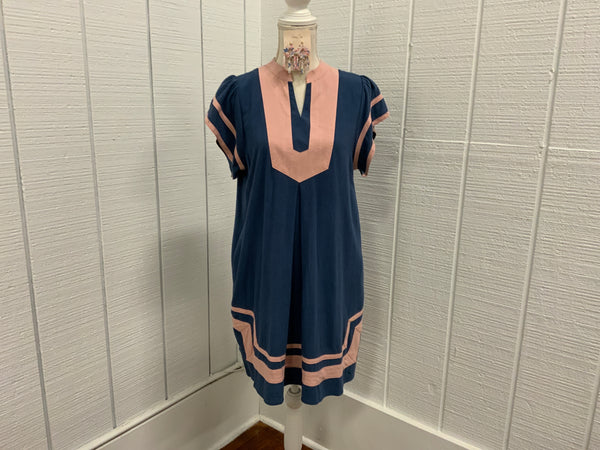 Umgee Linen Contrast Trim Short Sleeve Short Dress