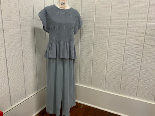 Umgee Linen Blend Smocked Peplum Top & Pants Set