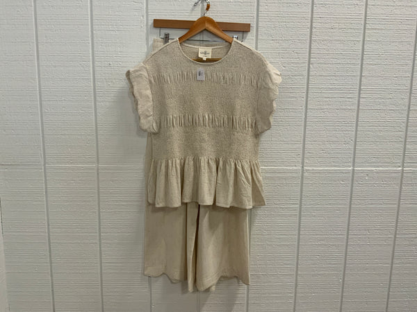 Umgee Linen Blend Smocked Peplum Top & Pants Set