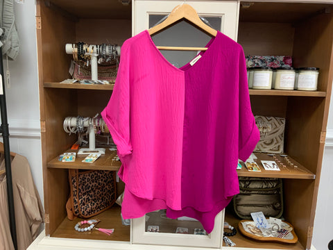 Adora Plus Size V-Neck Color Block Kimono Band Sleeve Top