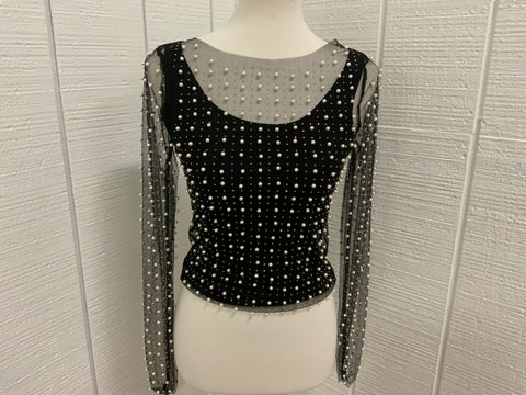 Davi & Dani Bead & Pearl Embellished Long Sleeve Mesh Top