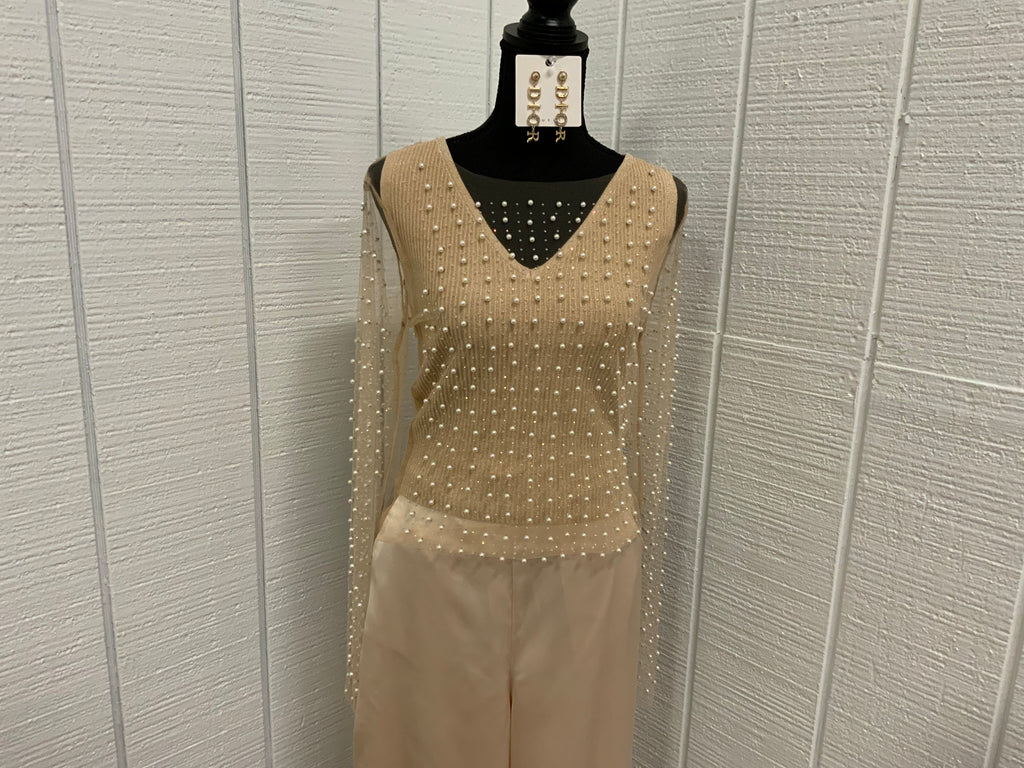 Bead and Pearl Mesh Top XL / Nude