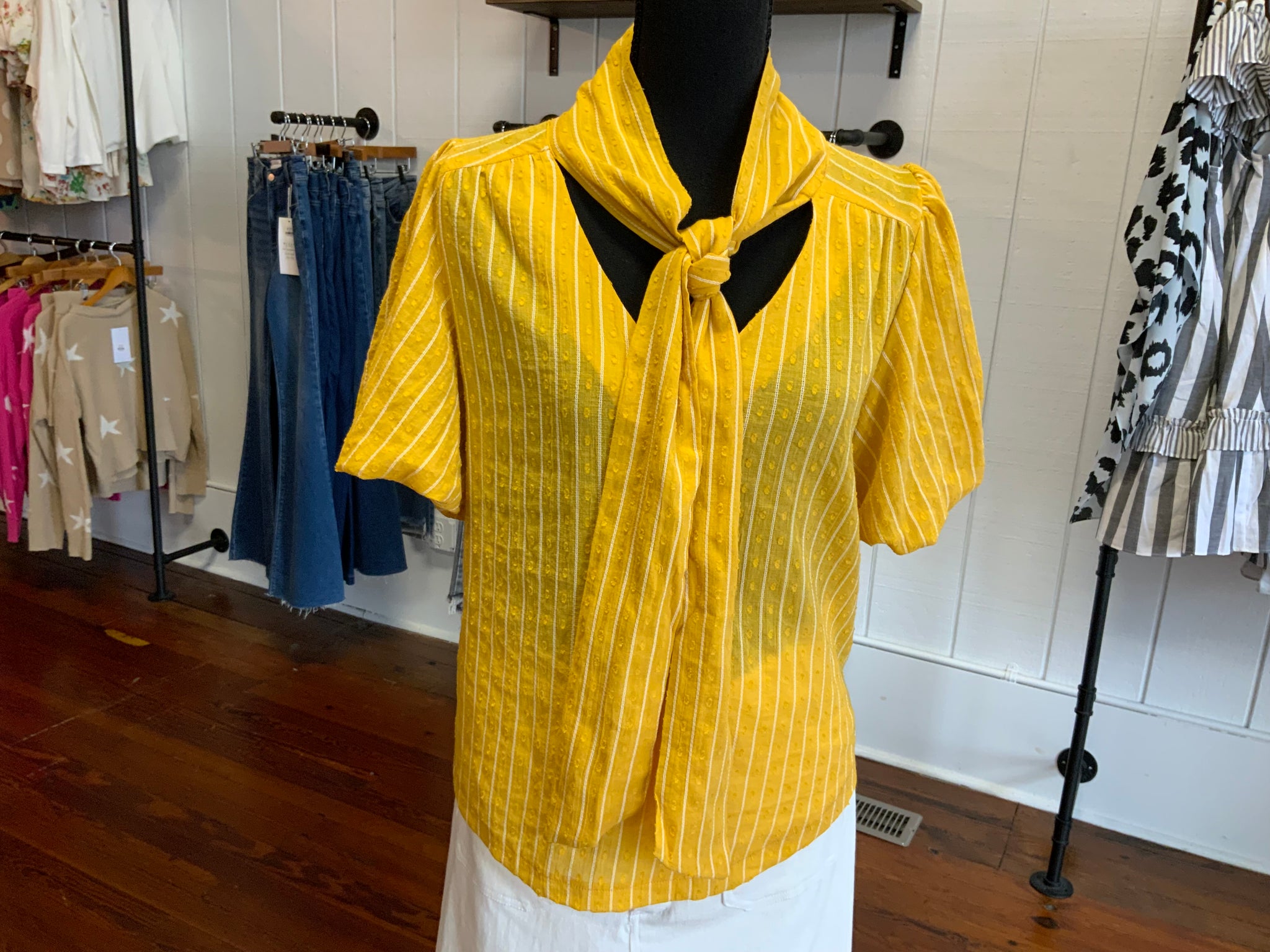 Voy Front Neck Tie Textured & Striped Top