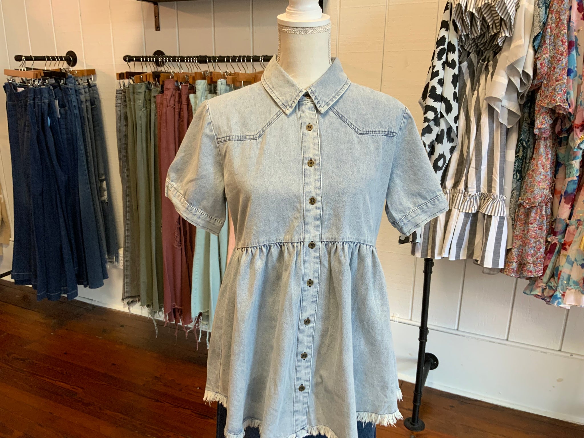 Umgee Denim Button Up Collared Baby Doll Top