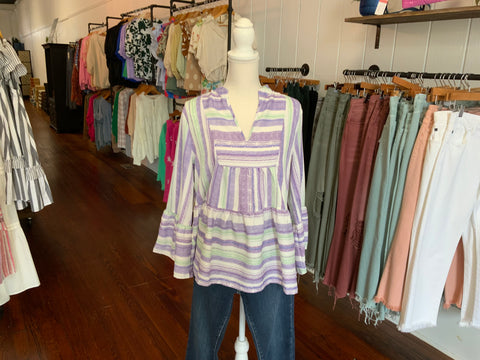 Entro Striped Textured V-Neck Long Sleeve Top
