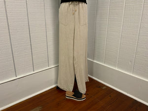 Allie Rose Stripped Linen Smock Waist Pants W/Tie Front