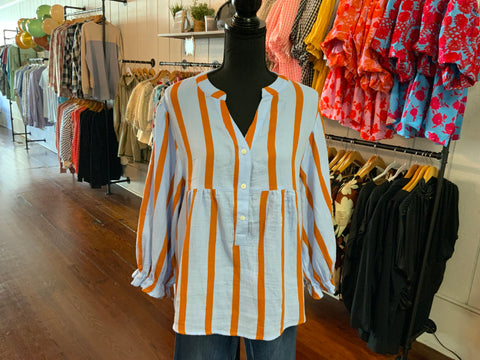 Little Daisy Closet Striped Textured Ruffle Sleeve Button Up Loose Top