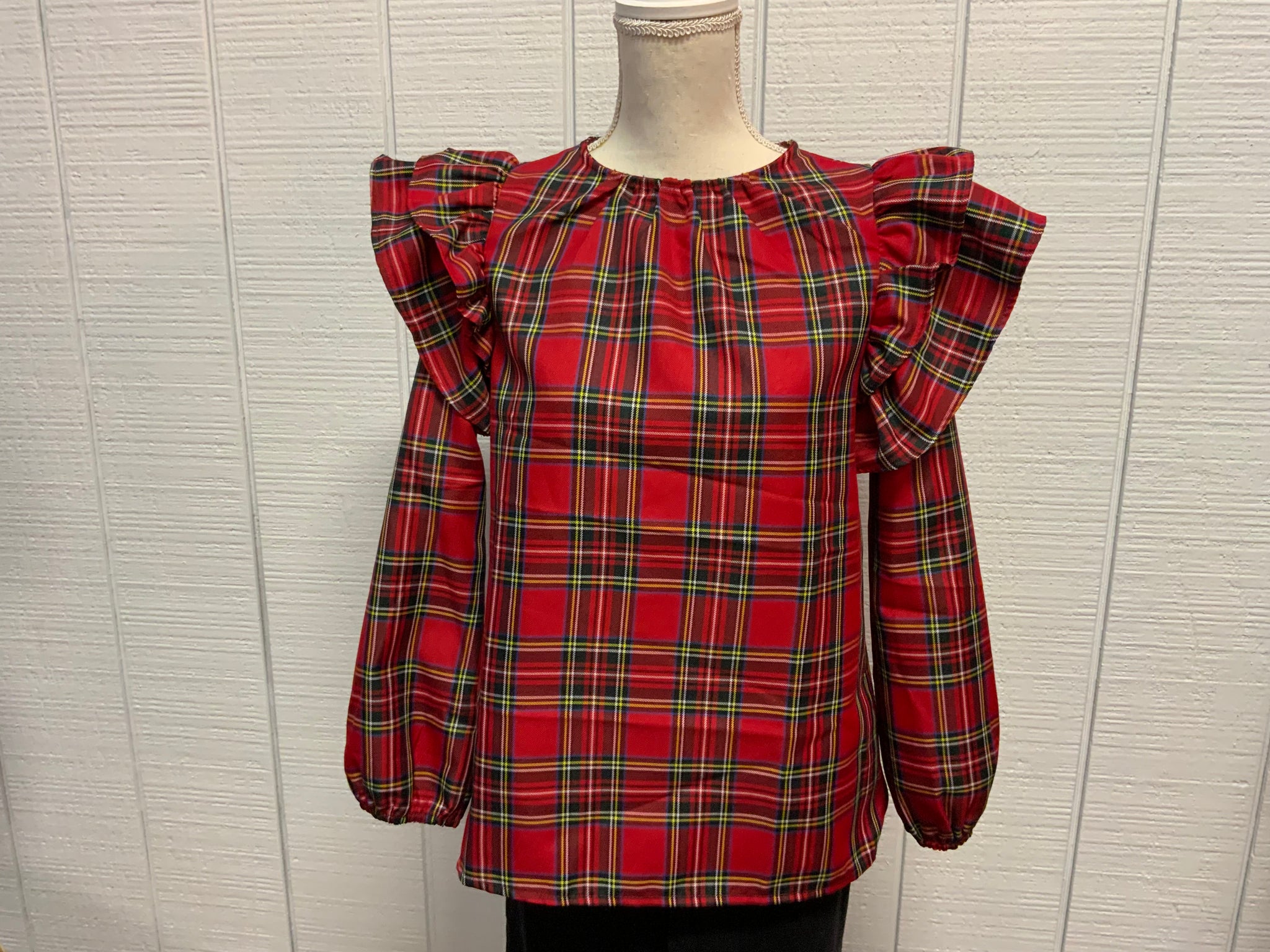 Faire Christmas Red & Green Plaid Ruffle Balloon Sleeve Top