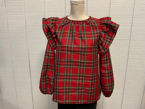 Faire Christmas Red & Green Plaid Ruffle Balloon Sleeve Top