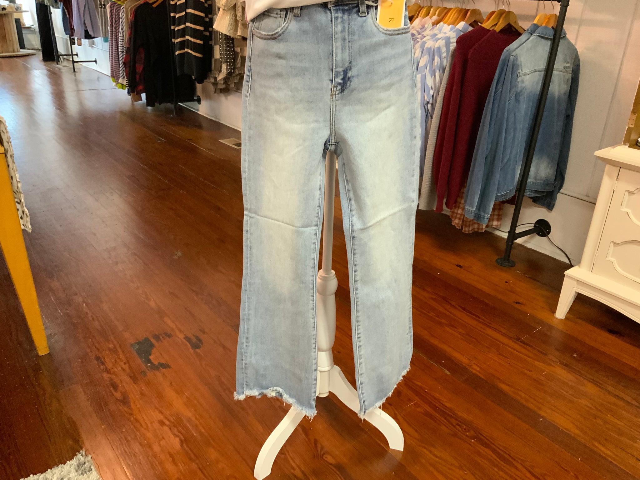 Risen High Rise Crop Flare Side Step Hem Jeans
