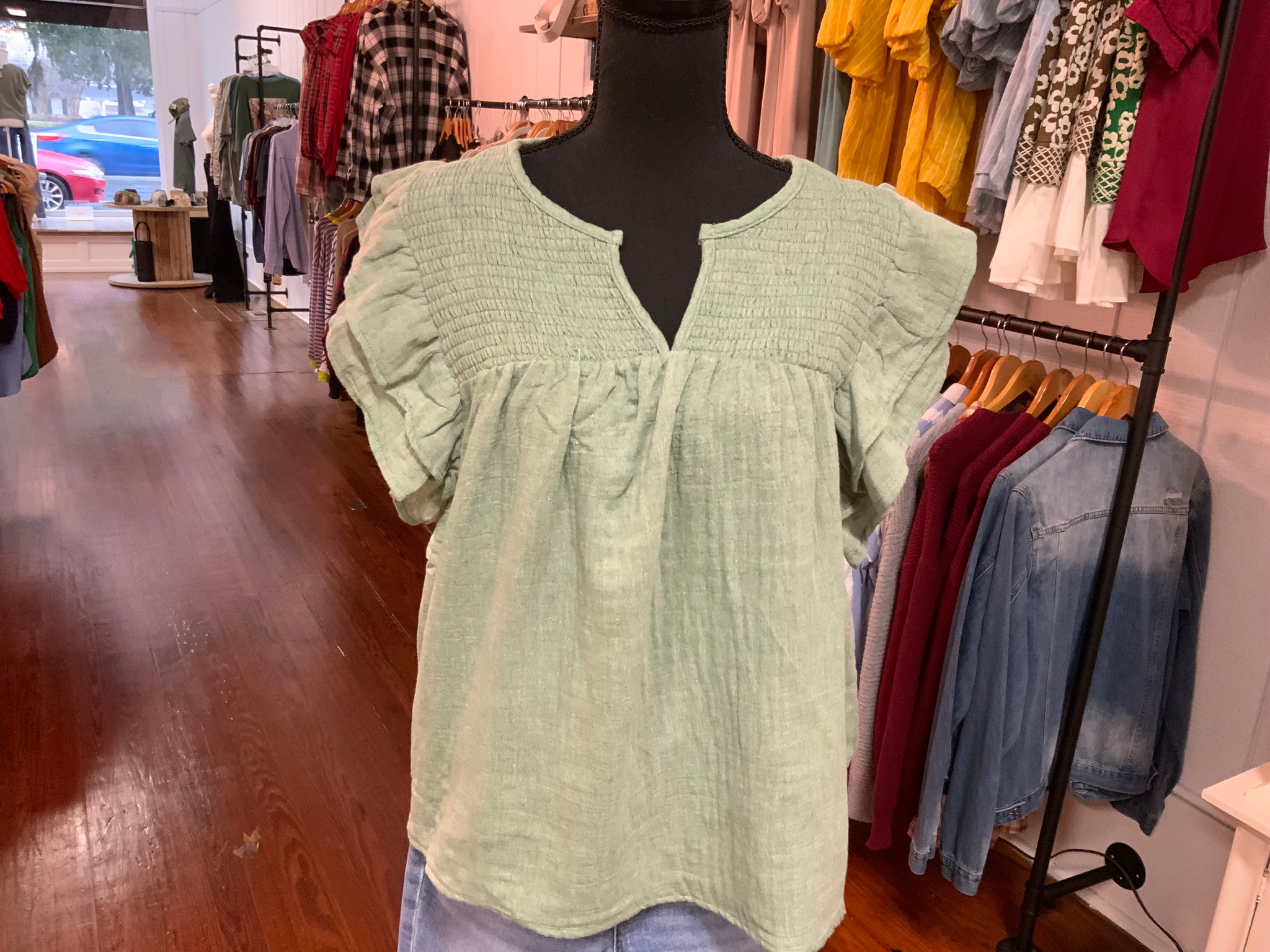 BiBi Crinkle Gauze Ruffle Sleeve Smocked Yoke V-Neck Top