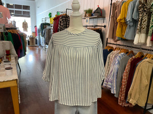 Doe and Rae Dropped Shoulder 3/4 Sleeve Striped Cotton Top