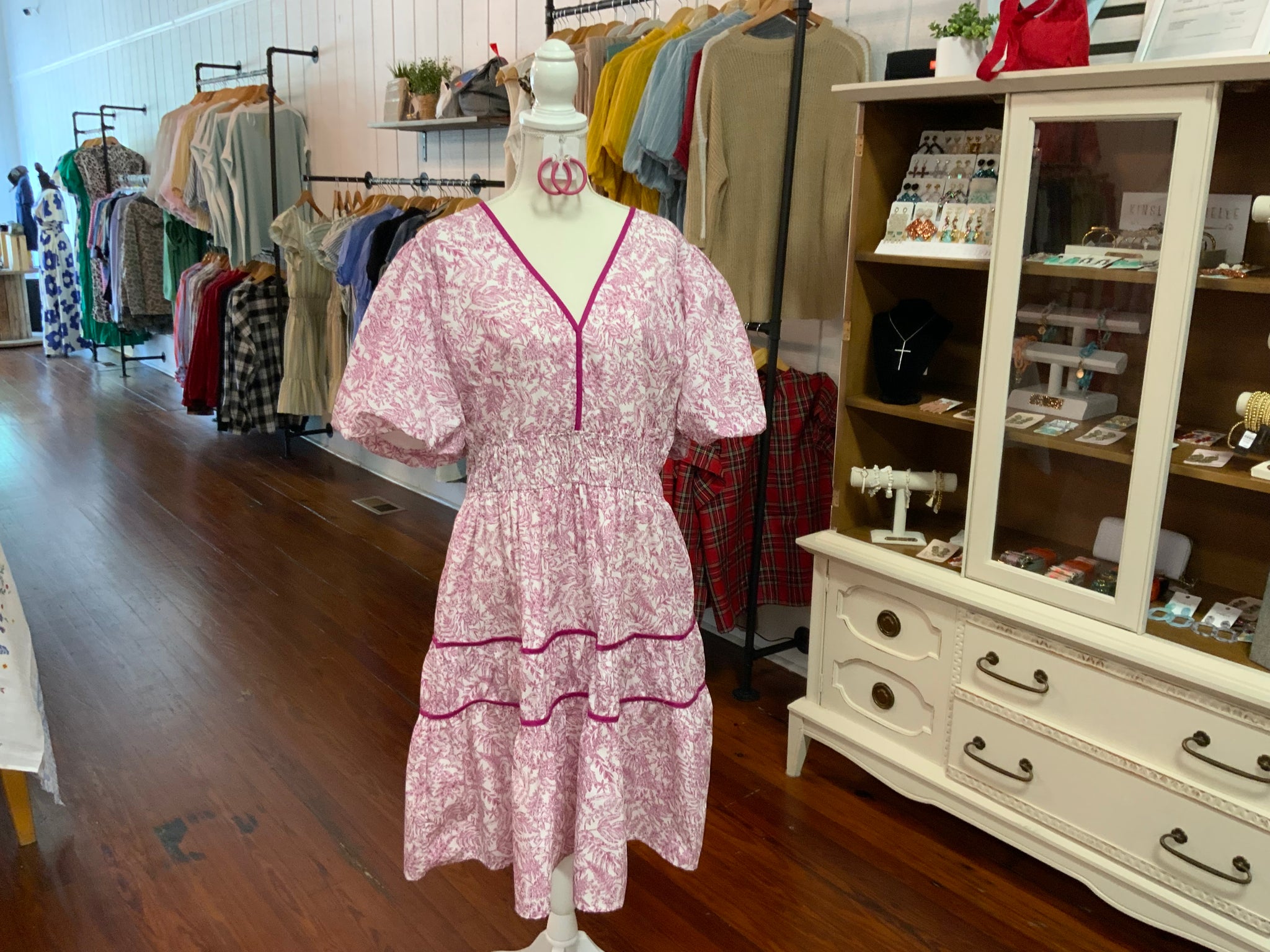 She & Sky Plus Puff Sleeve Waisted Elastic Woven Print Tiered Dress