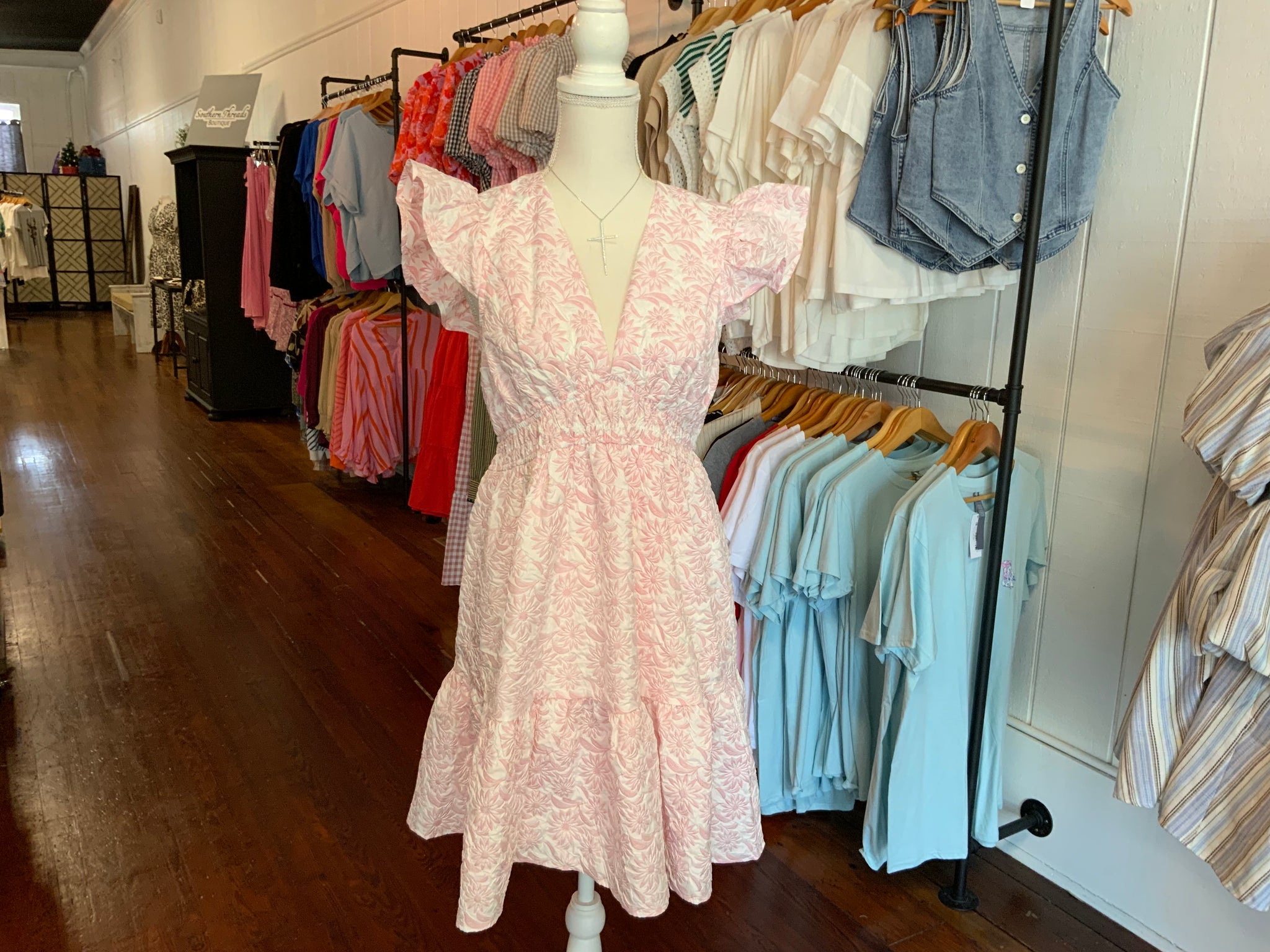 She & Sky Butterfly Sleeve Woven Jacquard V-Neck Dress