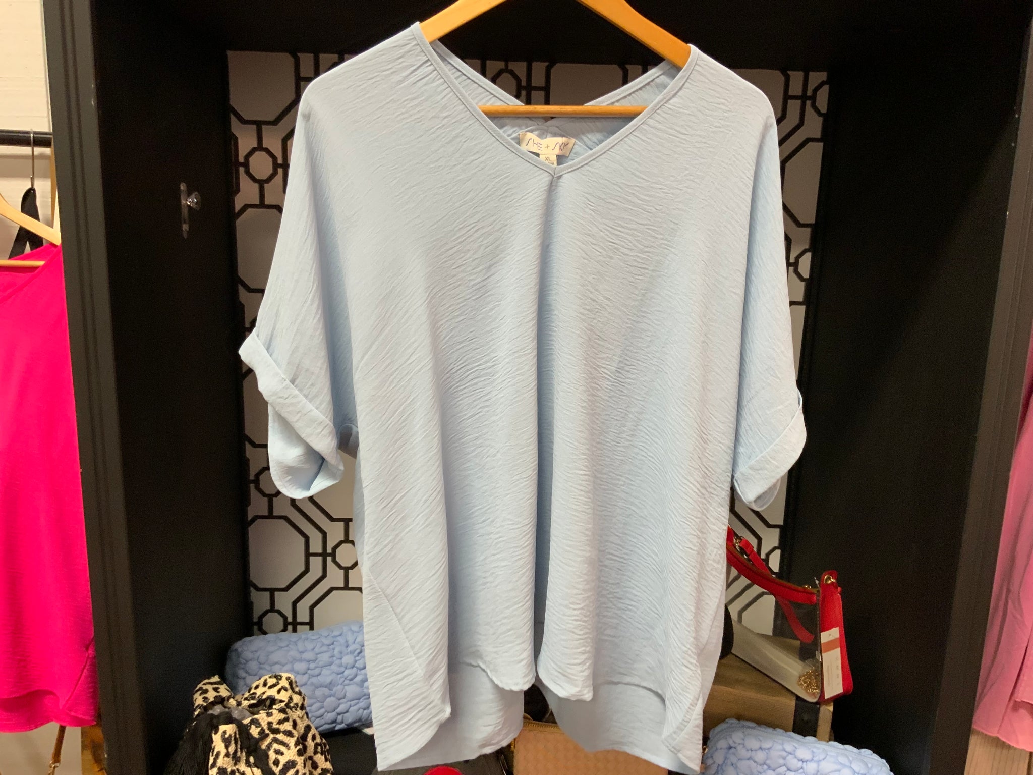 She & Sky Plus Short Sleeve V-Neck Woven Top