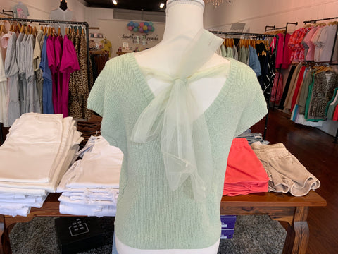 Blu Pepper Back Sheer Tie Short Sleeve Knit Sweater