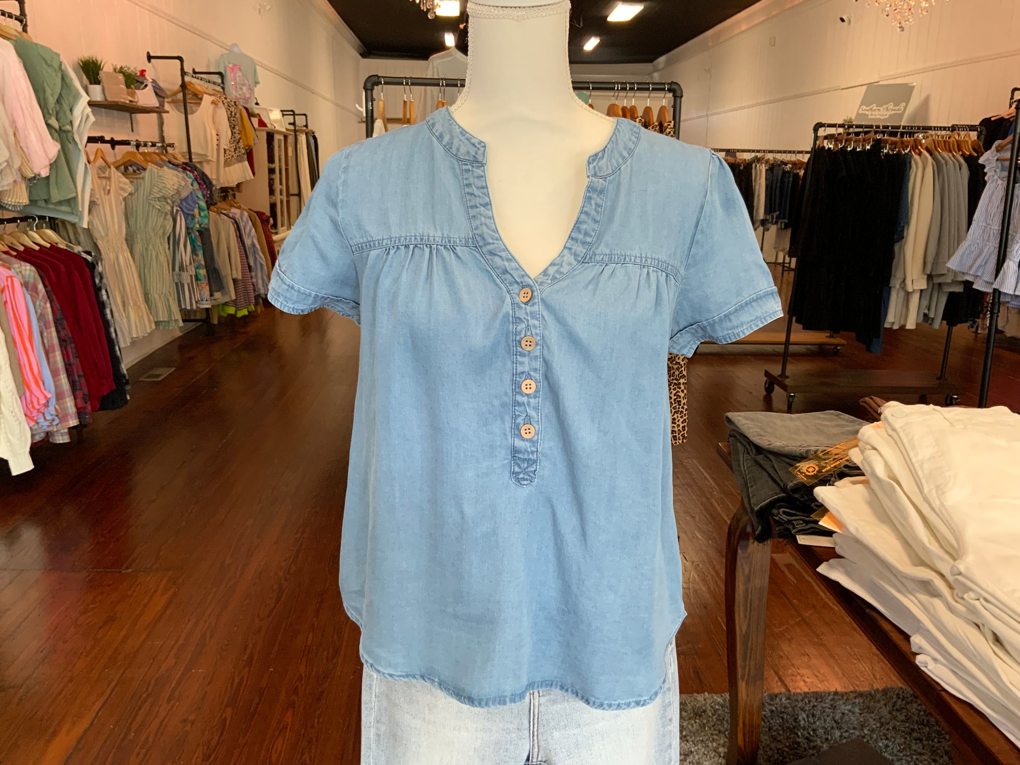 Blu Pepper Chambray Half Button Yoke Detail Top