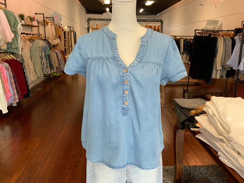 Blu Pepper Chambray Half Button Yoke Detail Top