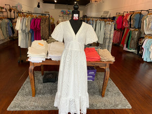 Skies Are Blue Eyelet Lace Smocked Back Lined Midi Dress