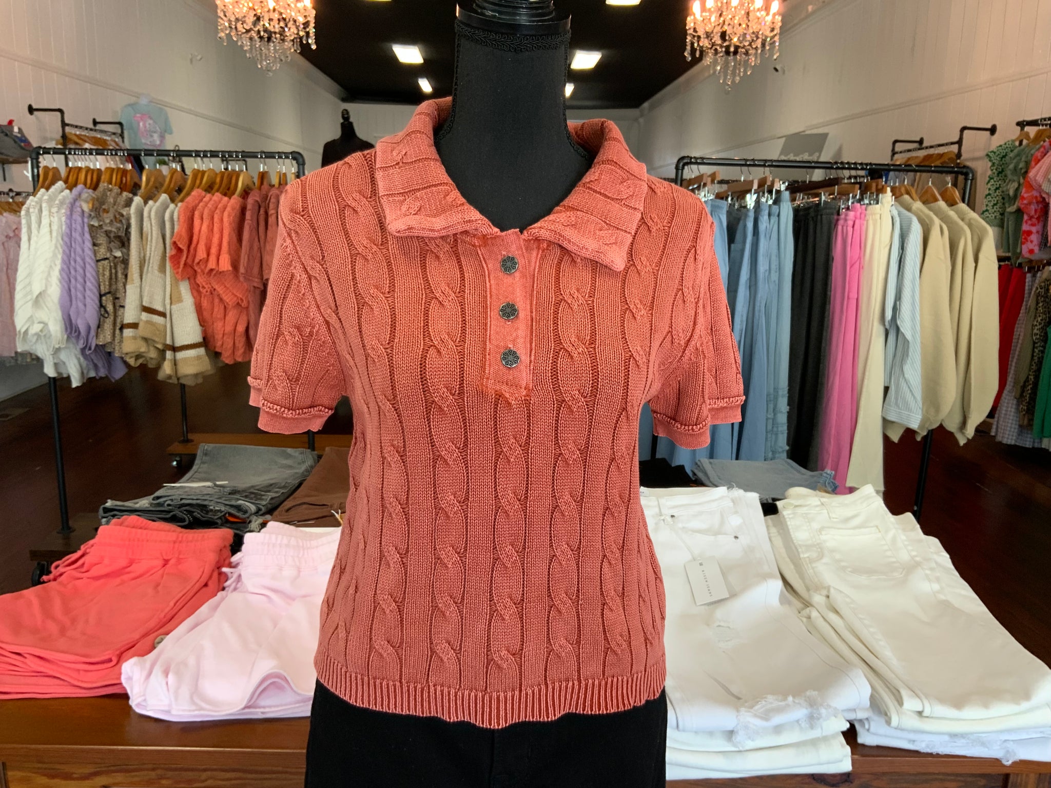 ee:some Cable Knit Contrast Floral Lined Polo Top