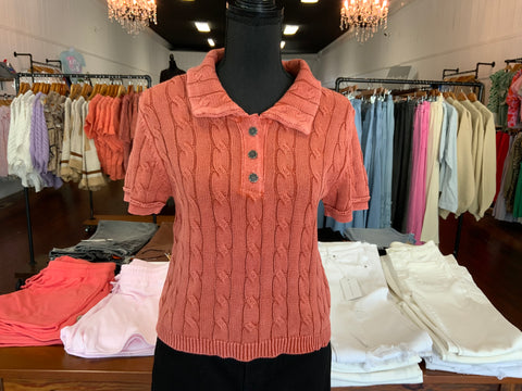 ee:some Cable Knit Contrast Floral Lined Polo Top
