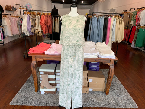 Allie Rose Printed Linen  2 Piece Tank Top Buttons In The Back & Linen Pants Set