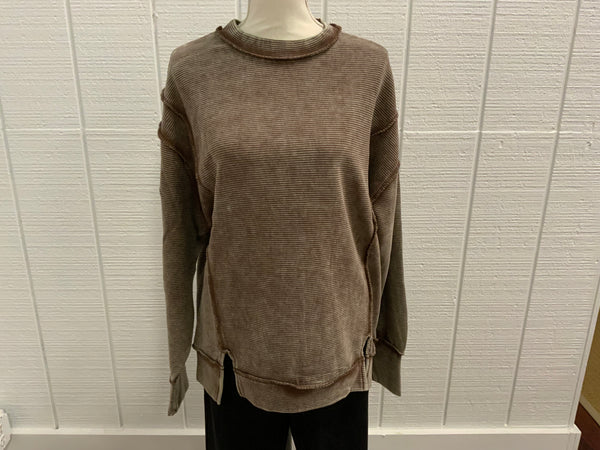 Zenana Acid Washed Double Ribbed Exposed Seam Pullover Top