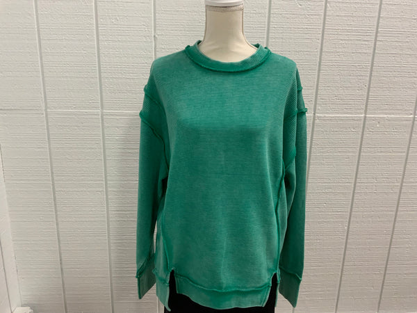 Zenana Acid Washed Double Ribbed Exposed Seam Pullover Top