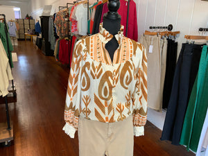 Umgee Hobo Print Ruffle Split Neckline Top