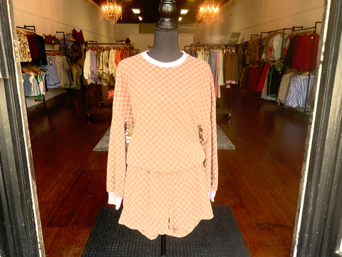 Shying Fashion Checked Long Sleeve Pullover Short Set