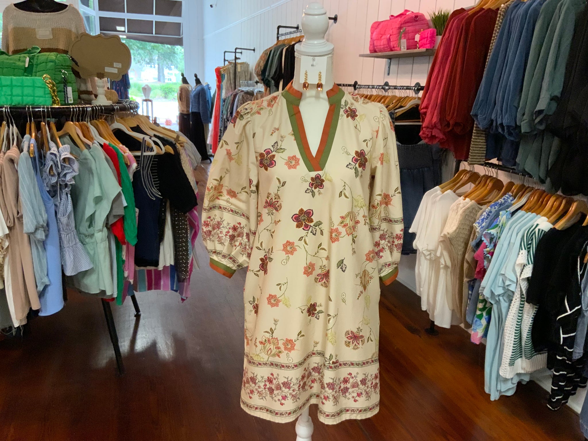 Entro Botanical Print 3/4 Puff Sleeve Mini Dress