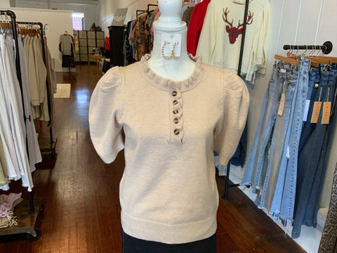 She & Sky Short Sleeve Ruffled Neck Sweater