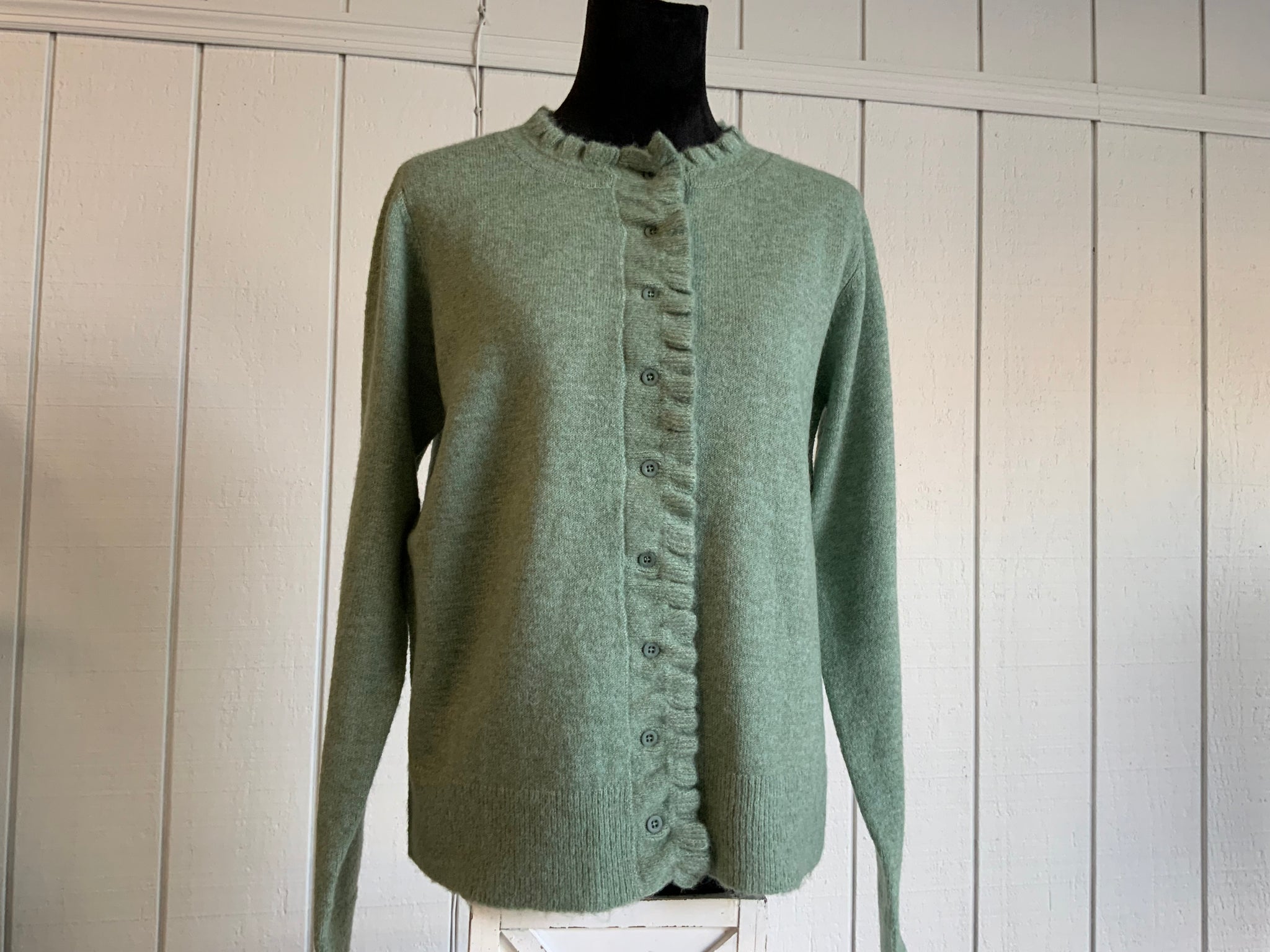 Staccato Ruffle Finish Long Sleeve Crew Neck Button Down Sweater