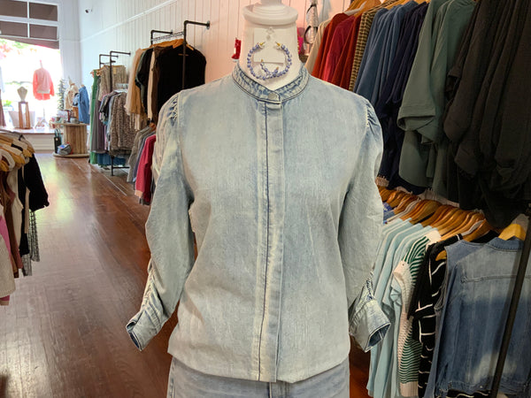 Noa Boa Shirring Detailed Sleeve Washed Button Down Denim Blouse Top