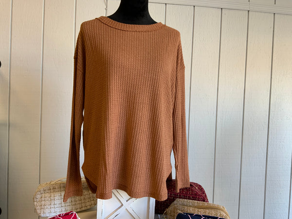 La Miel Oversized Waffle Fabric Long Sleeve Top