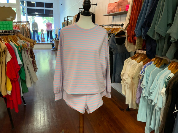 Bucketlist Comfy Oversized Semi Crop Striped Long Sleeve Short 2 Piece Set