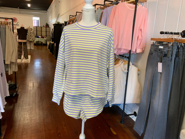 Bucketlist Comfy Oversized Semi Crop Striped Long Sleeve Short 2 Piece Set