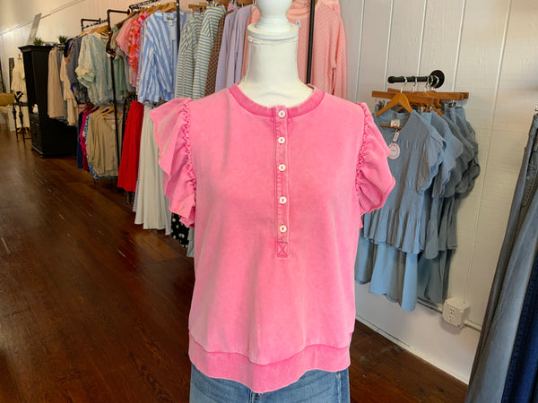 Jodifl Flutter Sleeve Lovely Washed Top Front Button Up.