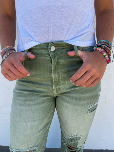 PREORDER: Blakeley Distressed Jeans In Olive and Camel Tall Inseam